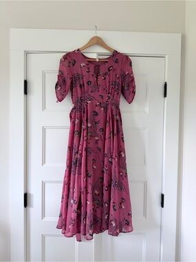 READ FLAW RARE Free People Floral Butterfly Midi Dress Puff Sleeves 0
